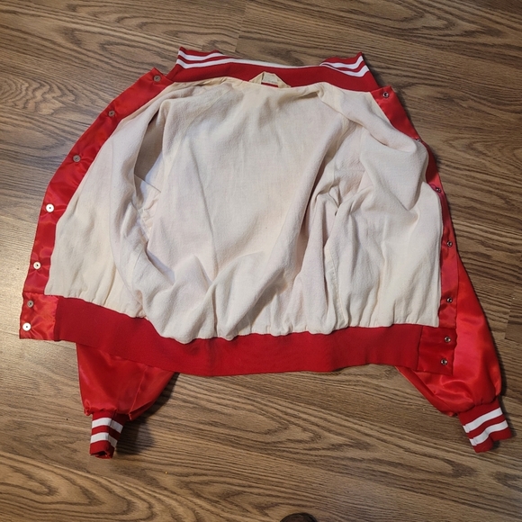 Bright Red Satin Varsity Jacket with Sporty Number Design - Picture 9 of 12